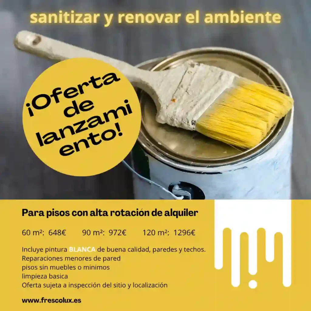 Aprovecha la oferta de lanzamiento de FrescoLux para pintar tus pisos con alta rotación de alquiler en Lleida. Precios desde 648€ con pintura blanca y limpieza incluida.